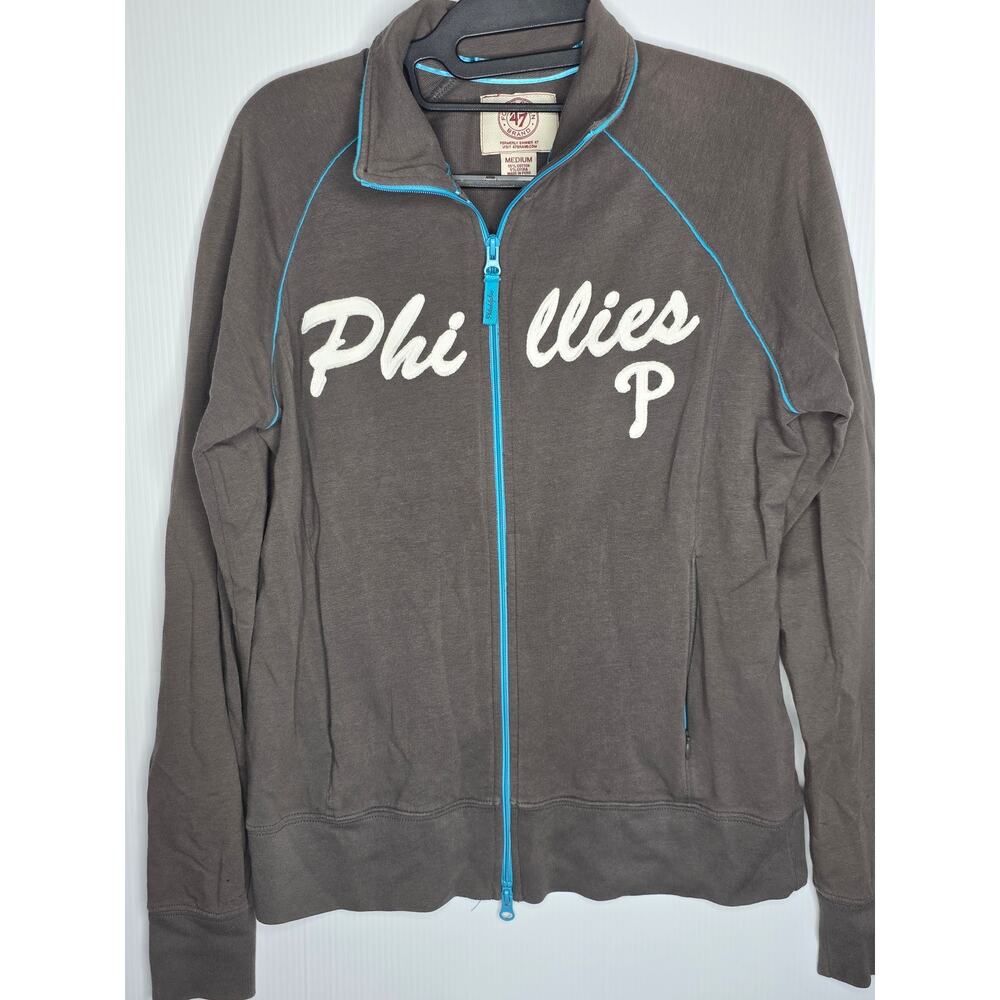 47 Brand Size M Brown Phillies Zip Up Sweatshirt Blue Trim Long Sleeve Active